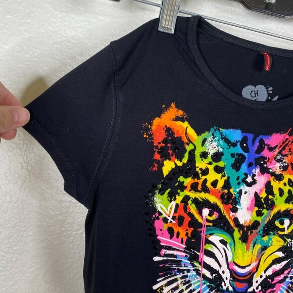 Ay Guey Women's Top Black Sz S Baby Tee Jaguar Graphic Rhinestones Colorful - Picture 6 of 9